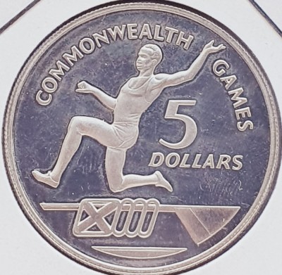 91 Cayman 5 Dollars 1986 Elizabeth II (Commonwealth Games) km 80 proof argint foto