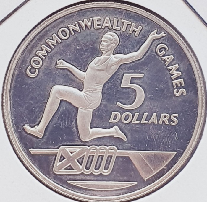 91 Cayman 5 Dollars 1986 Elizabeth II (Commonwealth Games) km 80 proof argint