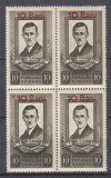 ROMANIA 1952 LP 316 PAVEL TCACENCO SUPRATIPAR SERIA IN BLOC DE 4 TIMBRE STARE MNH