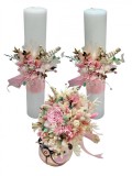 Set buchet si lumanari din parafina cu trandafir criogenat si plante naturale uscate - Roz Multicolor, Eventissimi&reg;