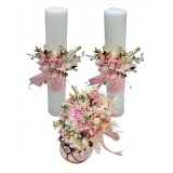 Set buchet si lumanari din parafina cu trandafir criogenat si plante naturale uscate - Roz Multicolor