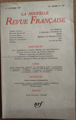 LA NOUVELLE REVUE FRANCAISE/OCTOBRE 1967(EUGENE IONESCO:LE PIED DU MUR/M.DEGUY+) foto