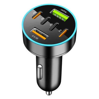 Incarcator auto 6 in 1, flippy, 2 x port usb fast charge qc3.0 si 4 x type c, pd 65w, negru foto
