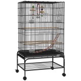 PawHut Colivie pentru Păsări 110 cm, Volieră pentru Perusi, Nimfe, Canari, Agapornis, Cinteze cu Roți, 4 Recipiente, Jucării, Tavă Detașabilă, Raft, N