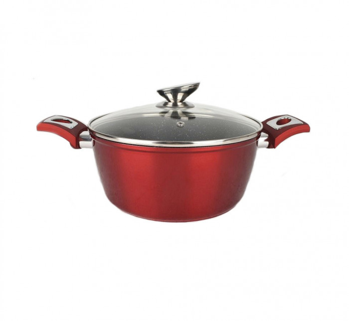 Cratita cu pereti grosi din aluminiu antiaderent cu inductie si capac de sticla 30cm 7.2L Red Line Handy KitchenServ