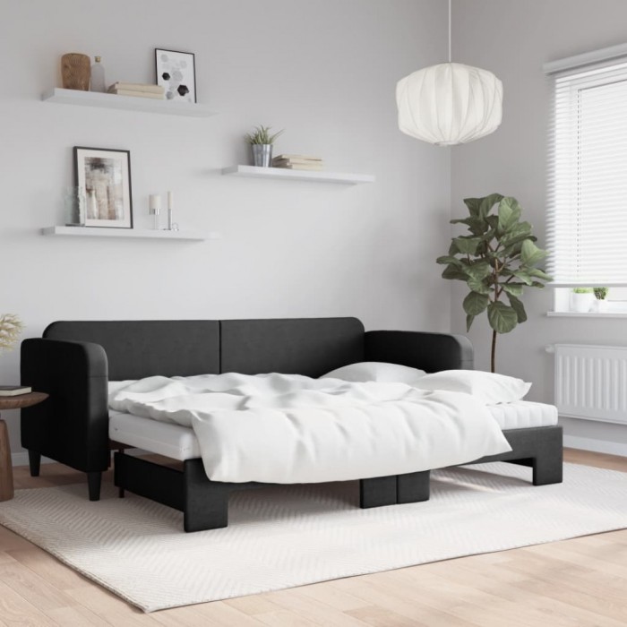 vidaXL Pat de zi cu extensie și saltele, negru, 80x200 cm, textil 3196831
