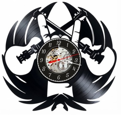 Ceas de perete decorativ realizat din disc de vinil, Model Heavy Metal Rock, Semnul Rock Horns, Chitare Electrice si Aripi, Negru Premium, 30 cm foto