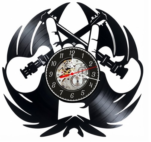 Ceas de perete decorativ realizat din disc de vinil, Model Heavy Metal Rock, Semnul Rock Horns, Chitare Electrice si Aripi, Negru Premium, 30 cm
