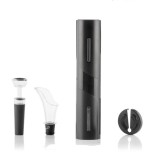 Set tirbuson electric pentru deschidere sticle de vin, 3 piese, baterii, automat, multifunctional, negru, dop, taietor si picurator modern
