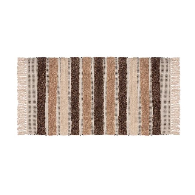 Covor decorativ tip traversa, tema traditionala, model geometric, rustic, din bumbac, cu franjuri, bej cu maro, 110x70 cm