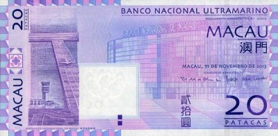 MACAU █ bancnota █ 20 Patacas █ 2013 █ P-81c █ BNU █ UNC █ necirculata foto