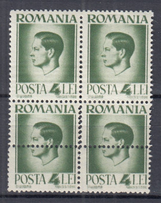 ROMANIA 1945/47 LP 187 MIHAI HARTIE ALBA EROARE DANTELATURA BLOC DE 4 TIMBRE MNH foto