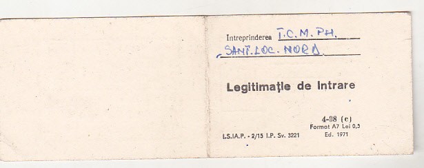 bnk div Legitimatie de intrare TCM Prahova Santier Ploiesti Nord