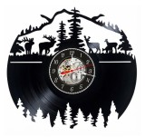 Ceas de perete decorativ realizat din disc de vinil, Model Pădure de Munte, Cerbi și Căprioare, Peisaj Wild, Skeleton, Negru, 30 cm