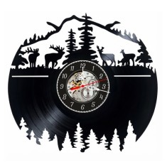 Ceas de perete decorativ realizat din disc de vinil, Model Pădure de Munte, Cerbi și Căprioare, Peisaj Wild, Skeleton, Negru, 30 cm