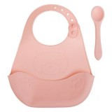 Bavetă cu colector de alimente și linguriță din silicon, Roz, Design Ursuleț, 22x28cm, 2 piese, CMCLASS