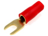 Terminal tip furcă M4 6mm&sup2; aurit, izolată roşie