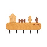 Suport pentru Chei, din Lemn, Aplicare fara Perforare, Adeziv Inclus, 5 Carlige Negre, Model Casuta, Greutate Suportata 5 kg, 13.5 x 23 cm, Maro