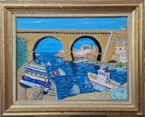 A. Ayuste-Peisaj cu pod şi bărci, pictură artist francez, Marine, Ulei, Altul