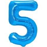 Balon din folie metalizata, flippy, figurina cifra, tema aniversare 80 cm, ambalaj individual, pai inclus, umflare cu aer sau heliu, albastru, cifra 5
