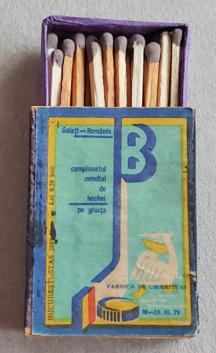 1979 Campionatul Mondial Hochei Galati - cutie de chibrituri romanesti din lemn
