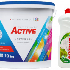 Detergent Universal de rufe pudra Active, galeata 10kg, 130 spalari + Detergent de vase lichid Active, 1 litru, mar