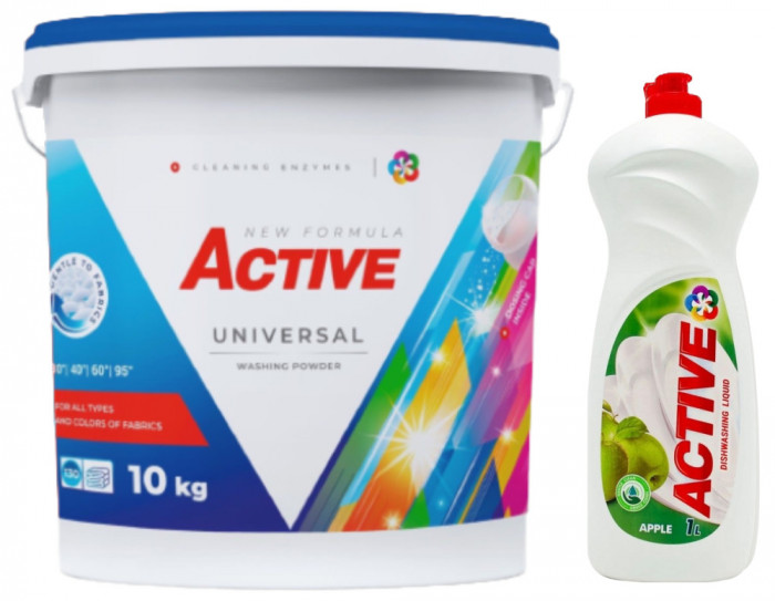 Detergent Universal de rufe pudra Active, galeata 10kg, 130 spalari + Detergent de vase lichid Active, 1 litru, mar