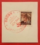 Protectoratul Boemia și Moravia 1942 &ndash; Timbru 25h &bdquo;Frunza de Tei&rdquo; pe fragment cu ștampilă comemorativă BR&Uuml;NN (Brno)