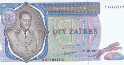 Bancnota Zair 10 Zaires 1977 - P23b aUNC foto