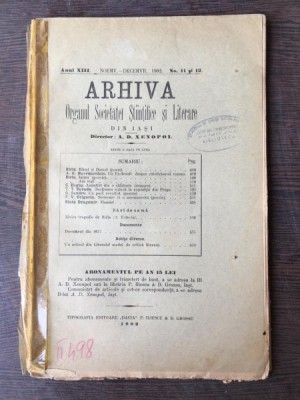Arhiva - Organul Societatei Stiintifice si Literare Anul XIII Noemv.-Decemvr 1902 No. 11-12 foto