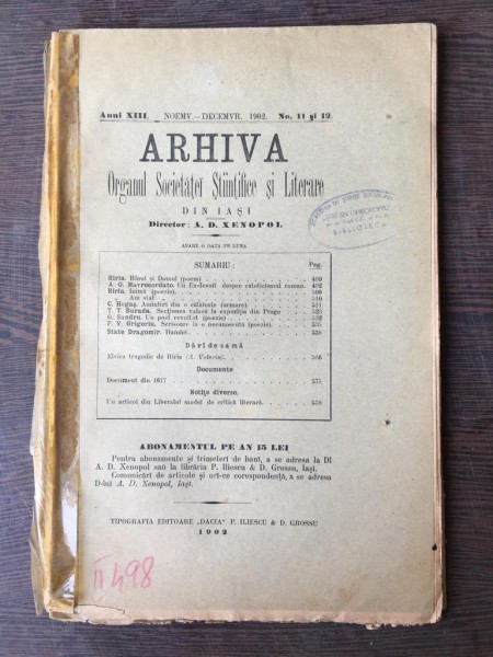 Arhiva - Organul Societatei Stiintifice si Literare Anul XIII Noemv.-Decemvr 1902 No. 11-12