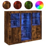 Cumpara ieftin Servanta cu lumini LED, 3 buc., stejar fumuriu, lemn prelucrat