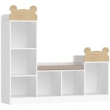 AIYAPLAY Bibliotecă pentru copii, mobilier depozitare 3 &icirc;n 1 cu bancă, 6 compartimente, 2 rafturi, pernă de șezut, Alb | Aosom Romania