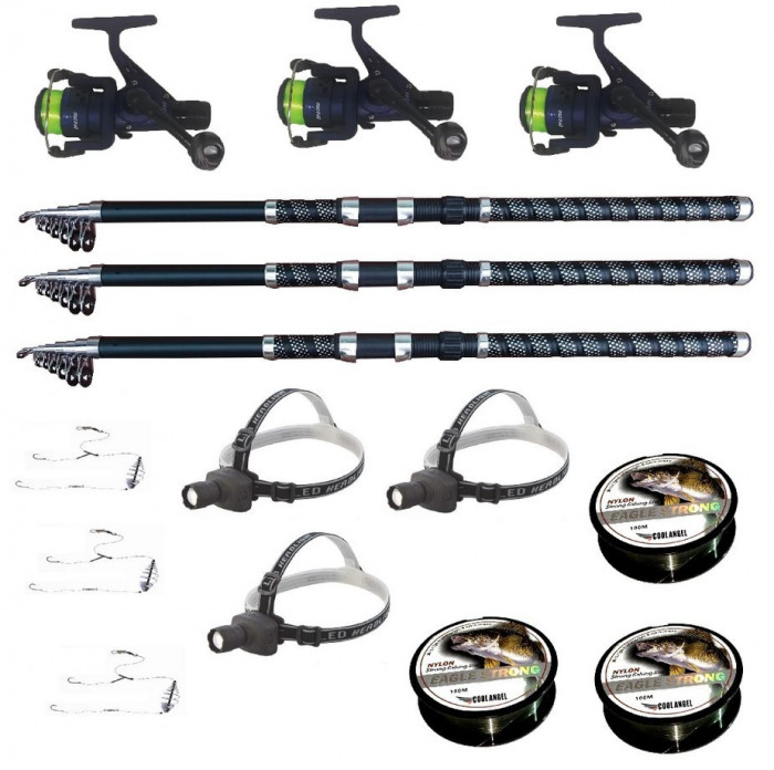 Set pescuit cu 3 lansete 2.4m ultra carp, 3 mulinete dpr200, 3 lanterne frontale led, 3 gute si 3 monturi