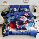 Cumpara ieftin Lenjerie pat de Craciun cu elastic,pat dublu,bumbac finet,6 piese, imprimeu 5D Mos Craciun cu sacul de cadouri,albastra-A1195