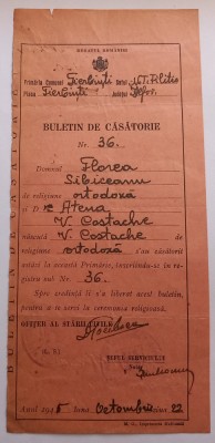 Buletin de casatorie , Fierbinti Ilfov , Octombrie 1945 foto
