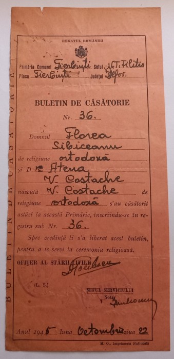 Buletin de casatorie , Fierbinti Ilfov , Octombrie 1945