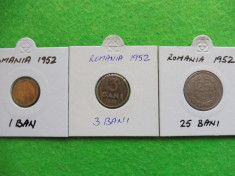 ROMANIA 1952 - Lot 3 Monede - 1 BAN / 3 BANI / 25 BANI (251) foto