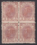 ROMANIA 1900/1906 LP 54 d REGELE CAROL I SPIC DE GRAU FARA FILIGRAN VAL. 3 BANI BRUN ROSCAT DESCHIS BLOC DE 4 TIMBRE STARE MNH, Nestampilat