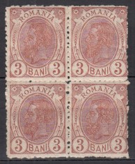 ROMANIA 1900/1906 LP 54 d REGELE CAROL I SPIC DE GRAU FARA FILIGRAN VAL. 3 BANI BRUN ROSCAT DESCHIS BLOC DE 4 TIMBRE STARE MNH