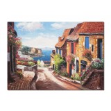 Tablou peisaj citadin mediteranean pictat manual, Colt de rai, 70x50cm ulei pe panza, Superb