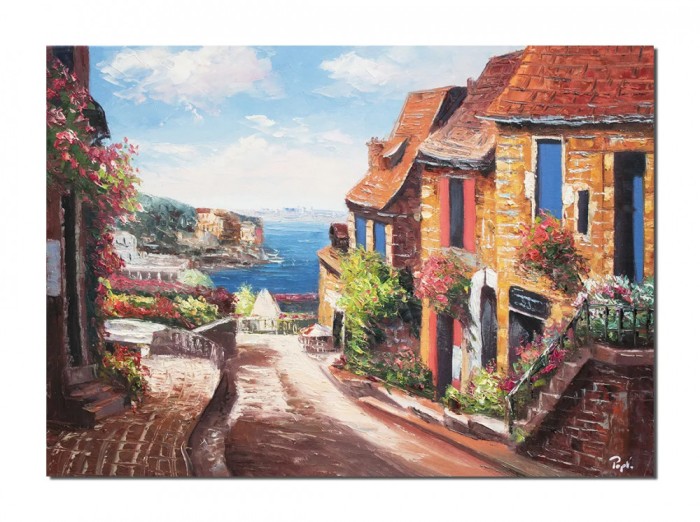 Tablou peisaj citadin mediteranean pictat manual, Colt de rai, 70x50cm ulei pe panza, Superb