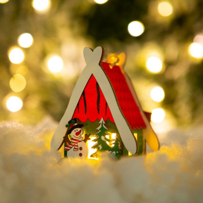 Căsuță decorativă LED de Crăciun - alb cald - lemn - 2 tipuri - 6,9 x 8,9 x 6 cm - 12 buc / afișaj foto