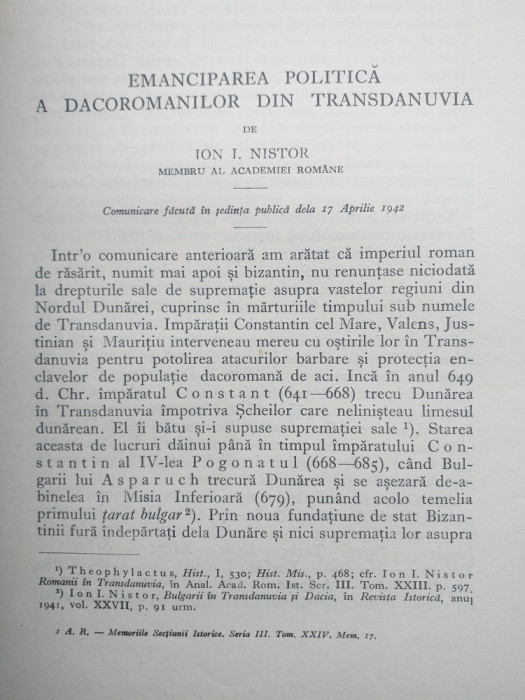 Emanciparea politica a dacoromanilor din Transdanuvia, 1942- Ion Nistor