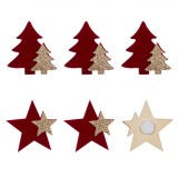 Autocolante Crăciun, Model Brazi și Stele, Lemn, Bordo și Bej, 4 cm, Set 6 Bucăți, Oem