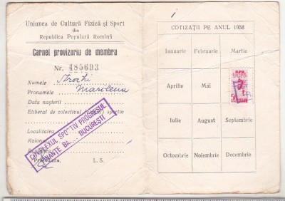 bnk div UCFS - carnet provizoriu de membru - 1958 foto