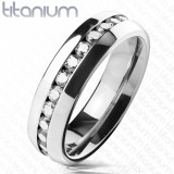 Verighetă din titan - culoare argintie, linie de zirconii rotunde transparente, 6 mm - Marime inel: 54