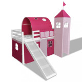 VidaXL Pat etajat tobogan scară castel prințesă roz cadru din lemn alb