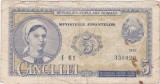 Bancnota Romania 5 lei 1952 RPR, seria f 61, numarul 330920