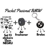 Set Cadou Pasionati BMW , 13 Stickere Personalizate, Breloc 3D si Air Freshener Roata 3D